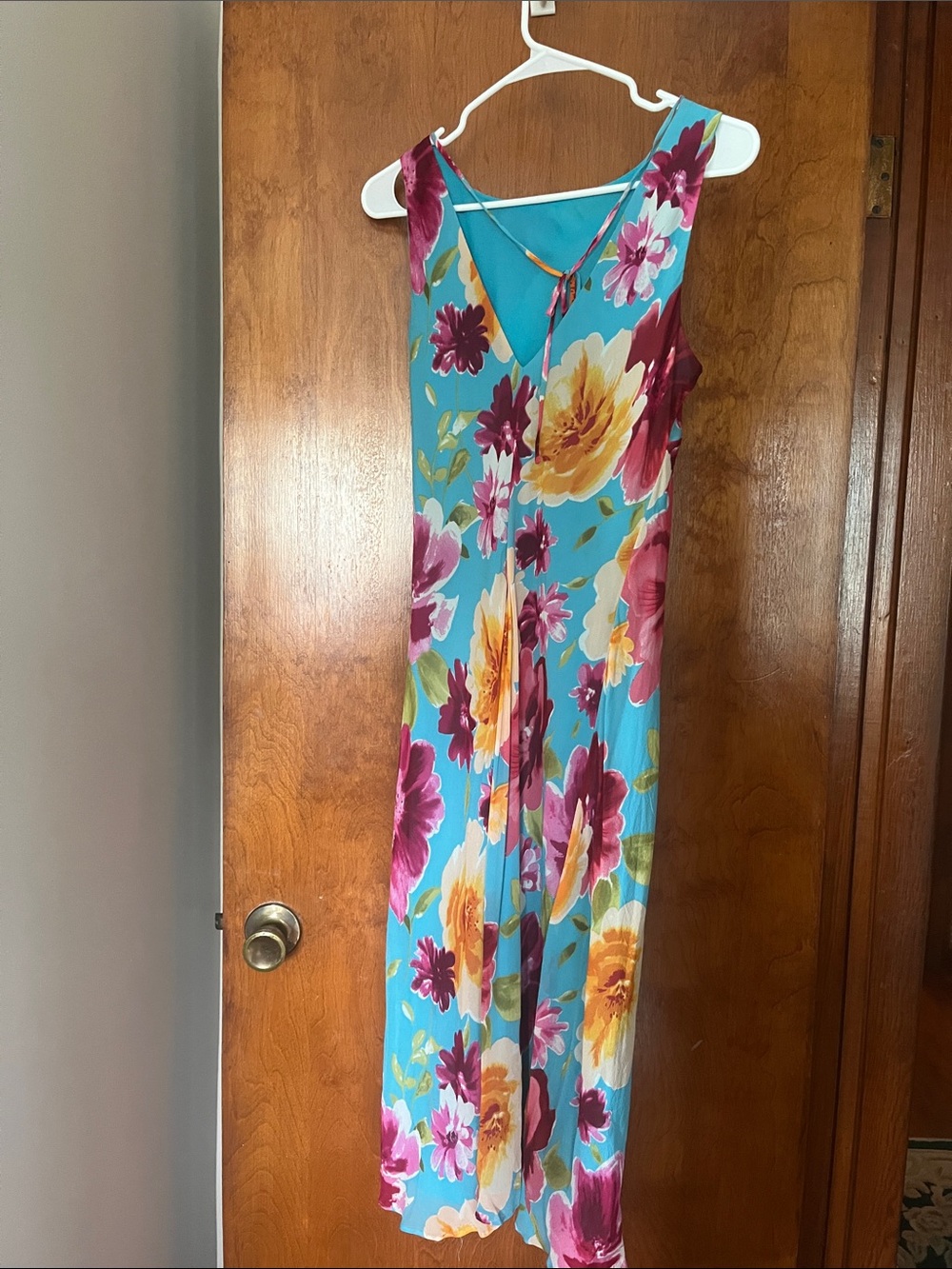 Sleeveless Turquoise Floral Maxi Dress with Yellow & Magenta Blooms